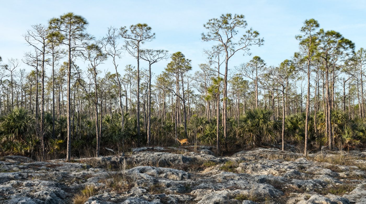 Slash pines over saw palmetto on limestone.
