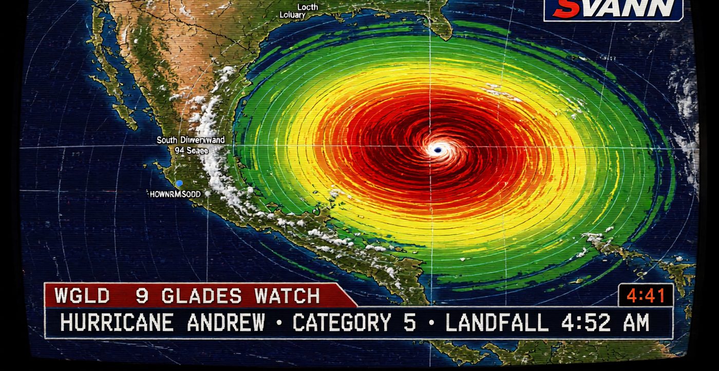 A 1992 TV weather broadcast showing Hurricane Andrew on radar under a WGLD 9 Glades Watch banner.