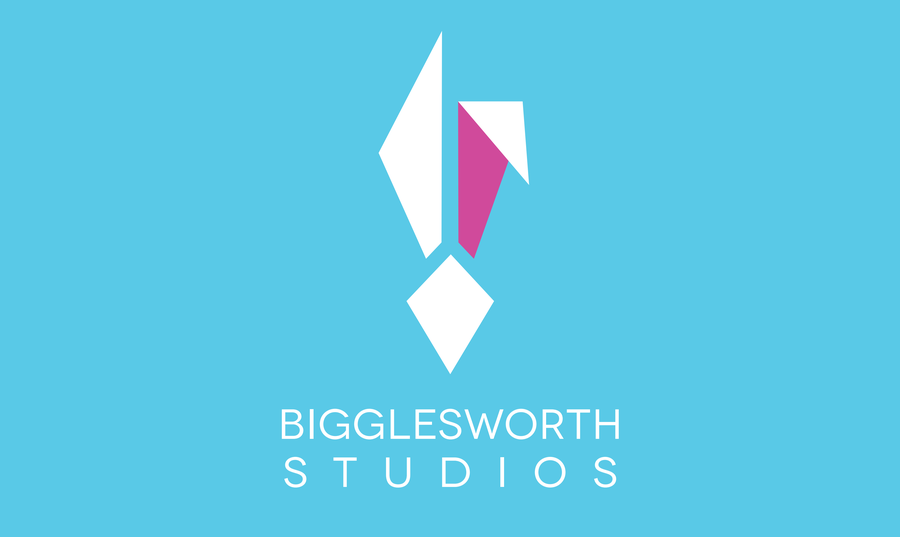 Bigglesworth Studios logo: white rabbit ears with a magenta inner ear on sky blue.