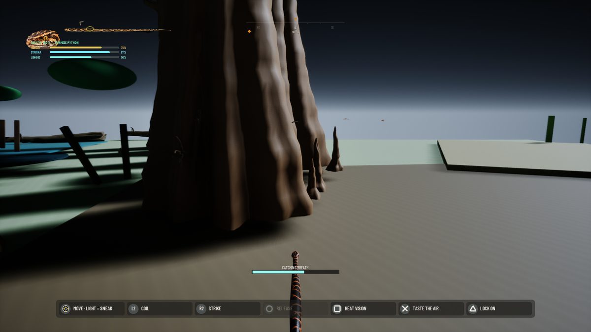 In-engine HUD capture with vitals, compass and the fixed control bar.