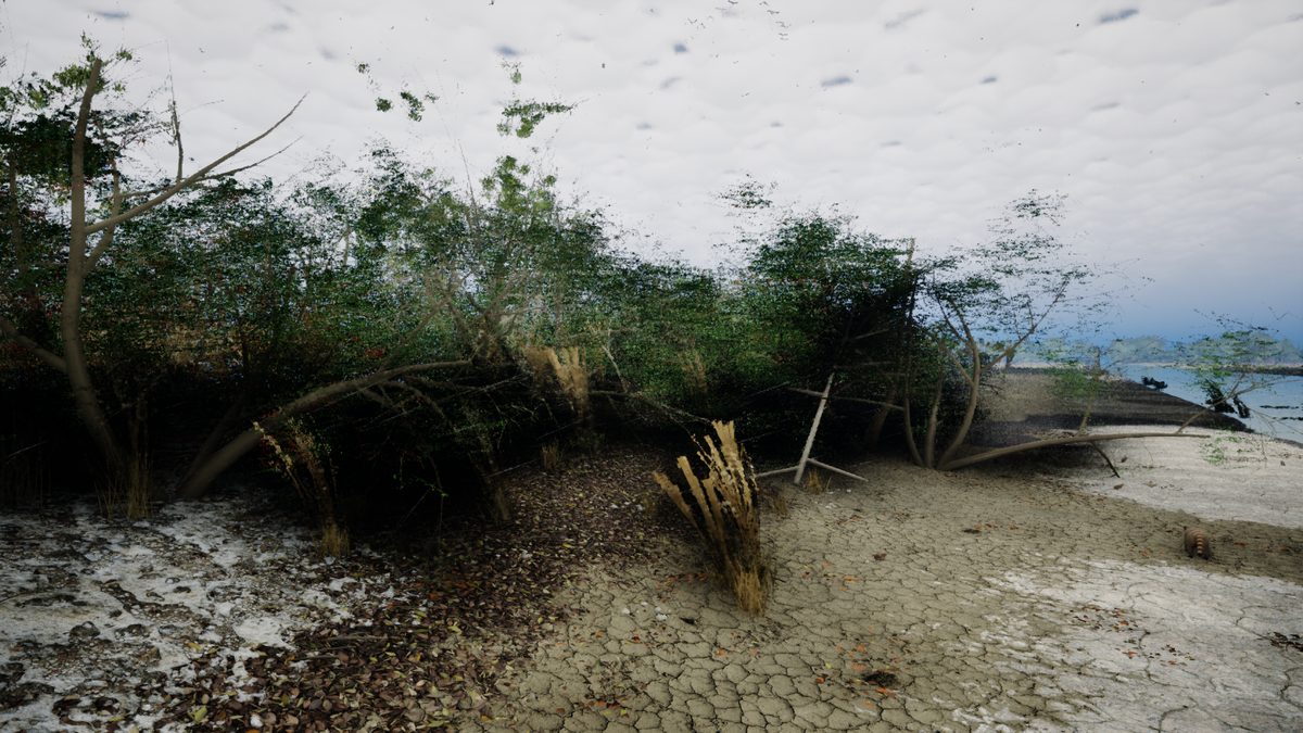 In-engine view of Level 1 from the player start: scrub, cracked marl and water.