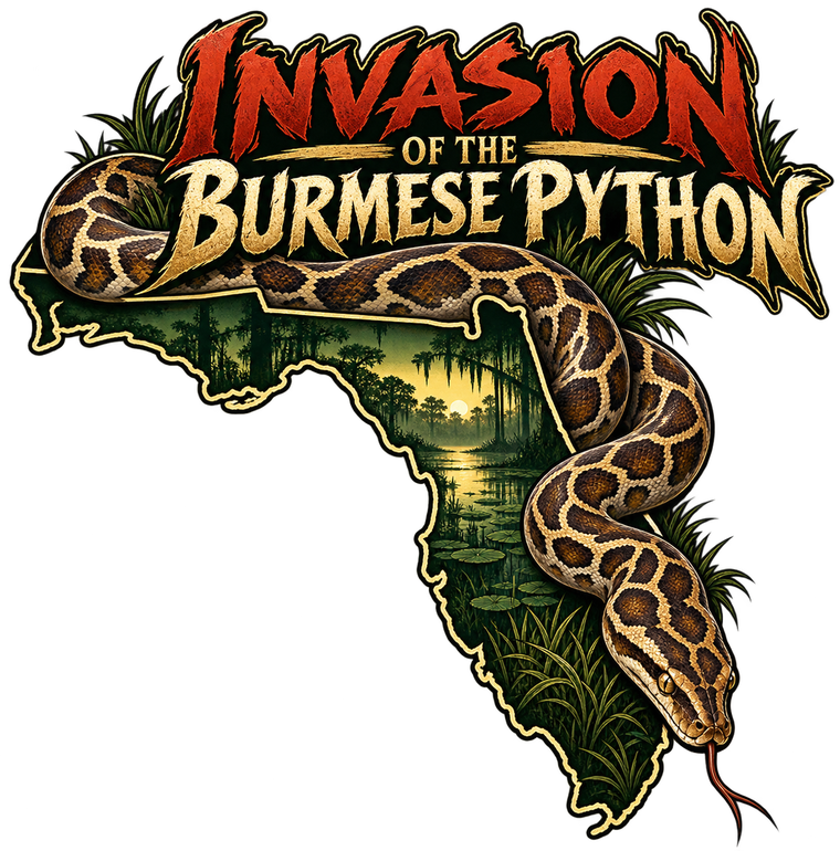 Invasion of the Burmese Python title logo: a python wrapped around Florida.