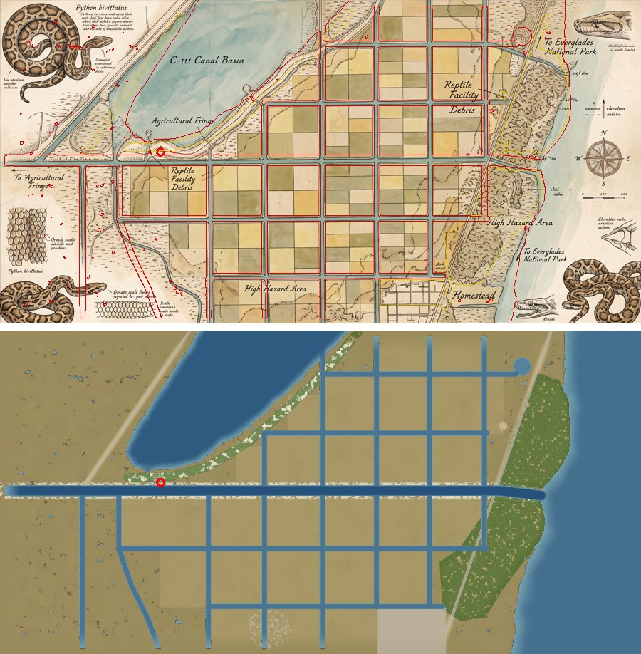 The map art above the built level layout, matching.