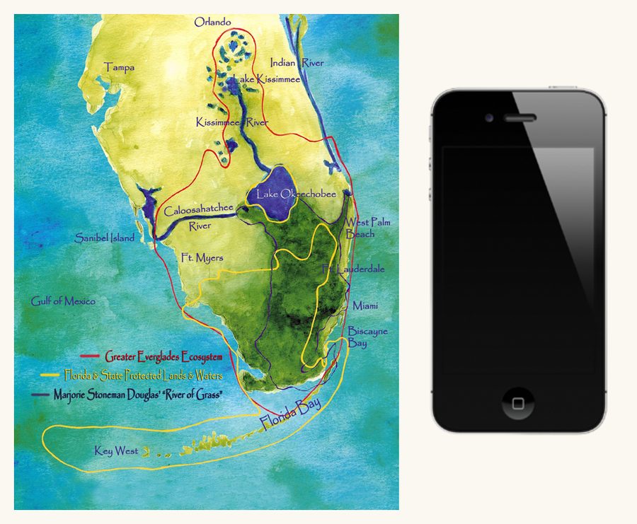 Page from the first draft: the Greater Everglades watercolor map beside an iPhone.