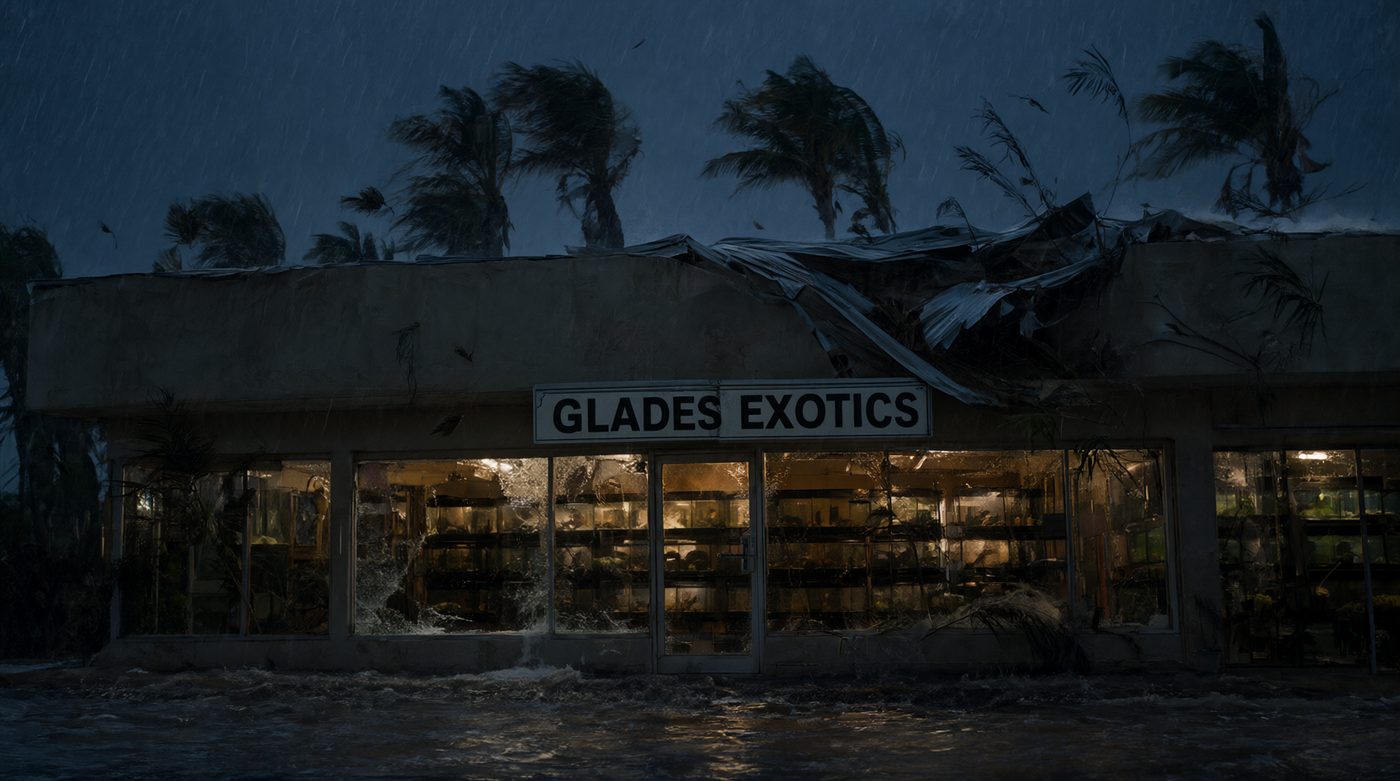 A strip-mall pet store named Glades Exotics in the eyewall of Hurricane Andrew, roof tearing away.