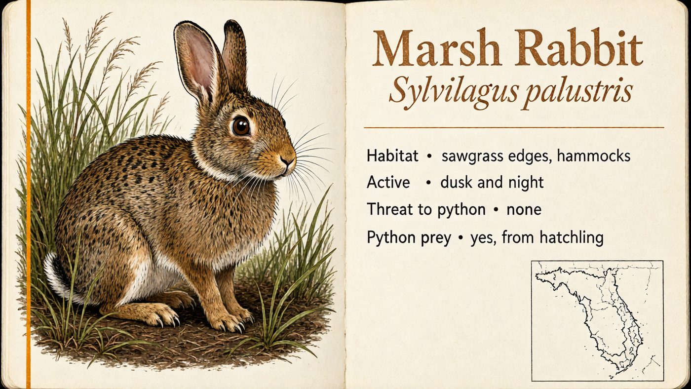 Field guide page for the marsh rabbit in a naturalist's journal style.