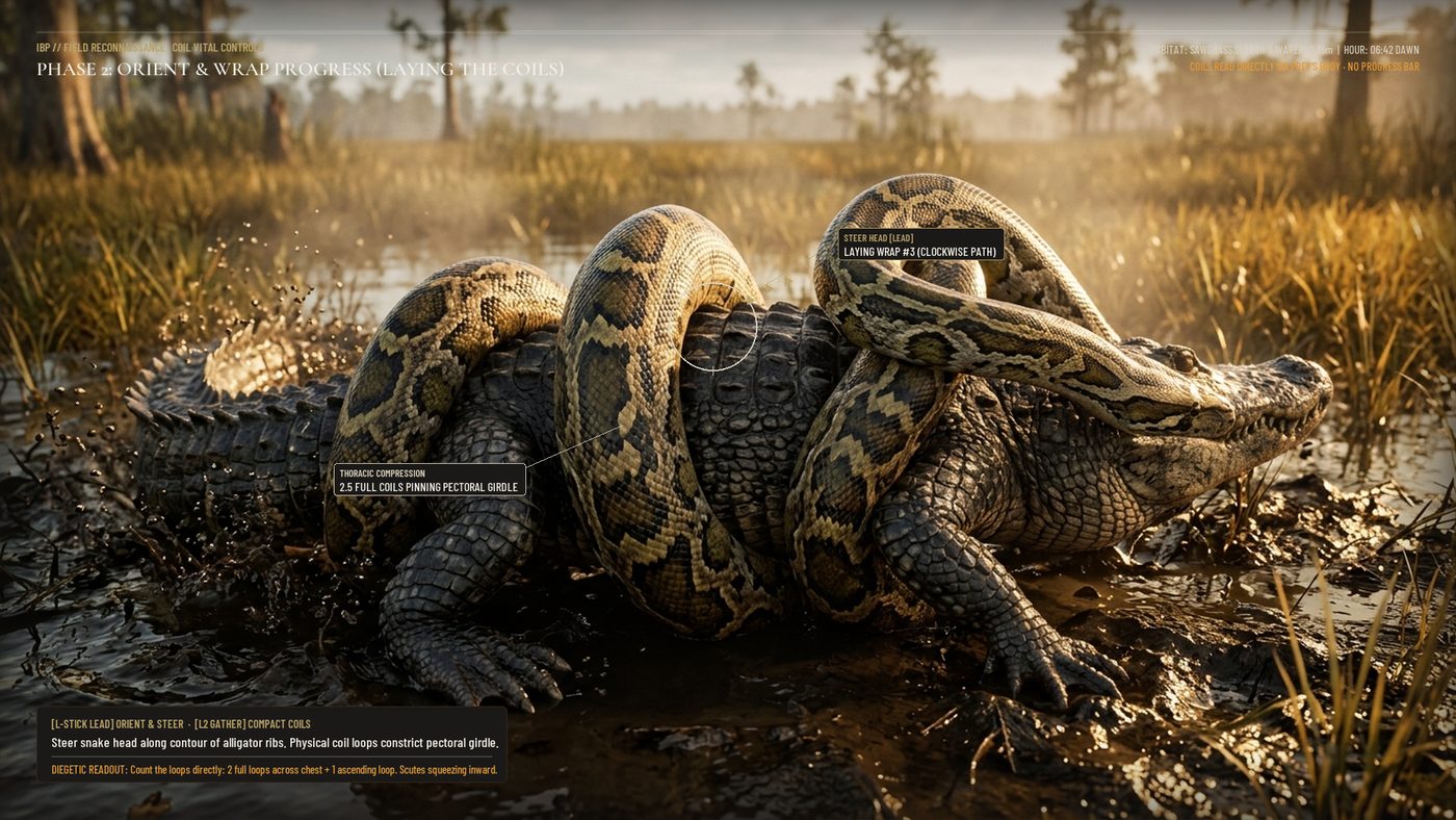 Concept: a python coiling an alligator with on-screen callouts counting the wraps, no health bar.