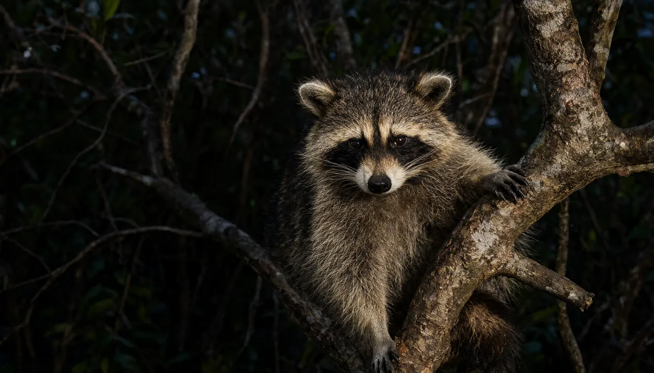 A raccoon gripping a branch in a dark hardwood hammock at dusk.