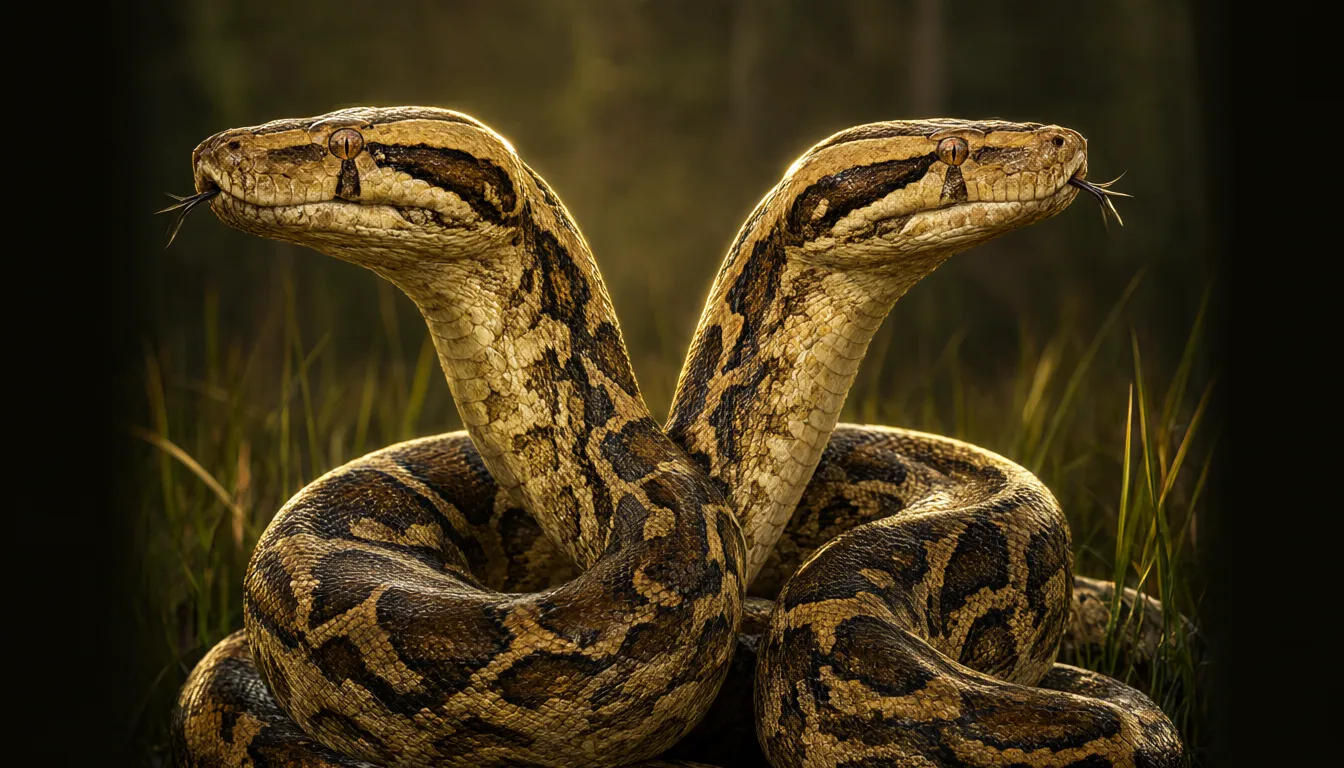 Two Burmese pythons back to back, heads raised and facing away from each other, in golden-hour sawgrass.
