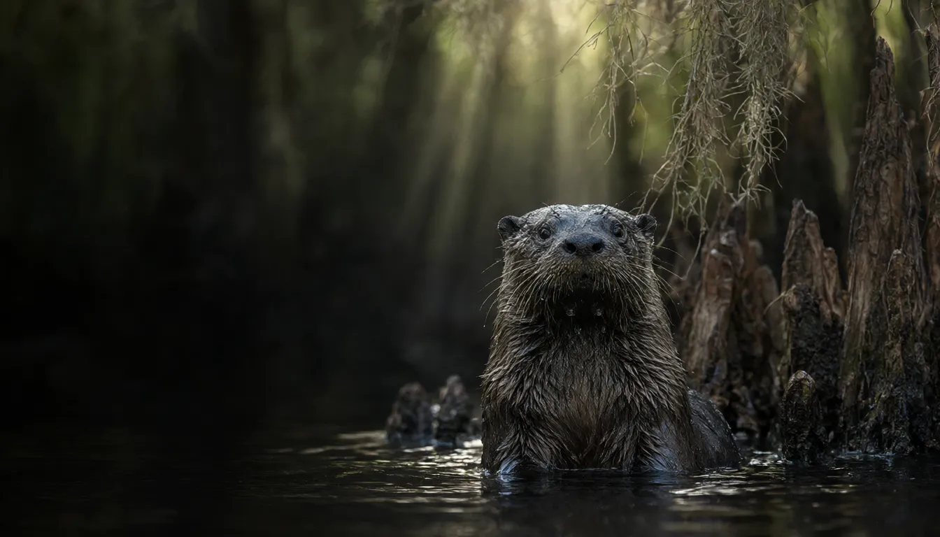 A river otter surfacing from black water among cypress knees.
