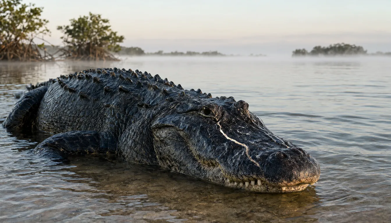 A huge old bull alligator with a pale scar across its snout in the shallows of Florida Bay.