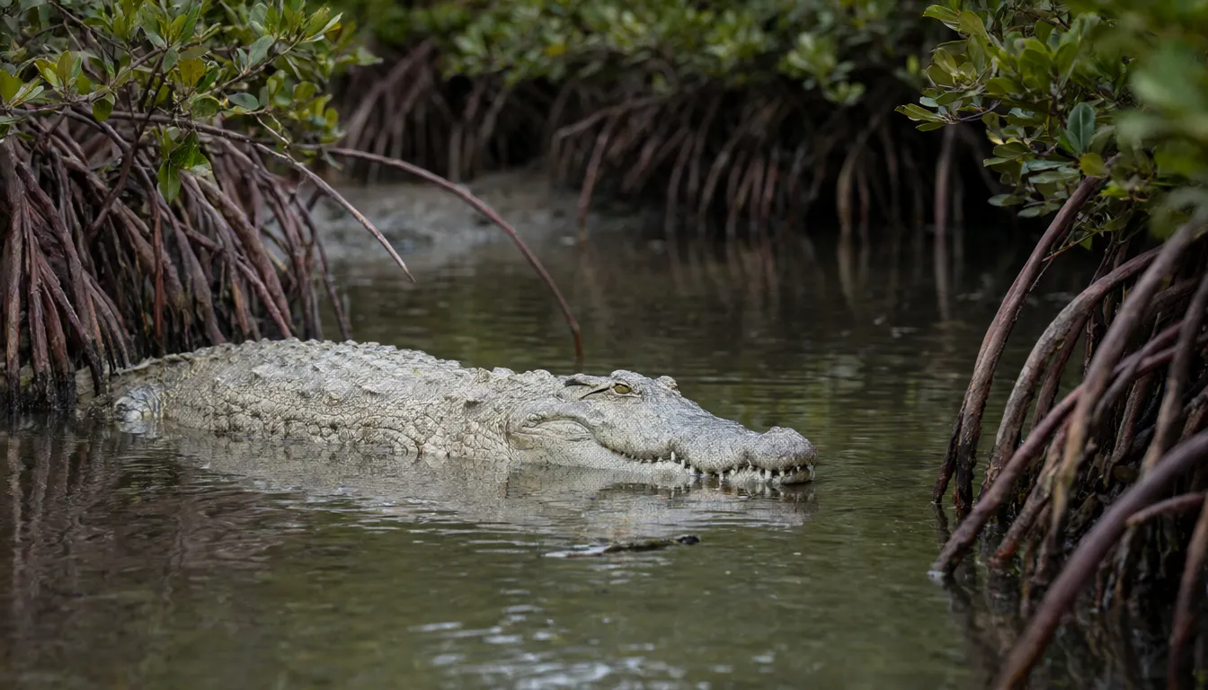 An American crocodile half-submerged between red mangrove roots.