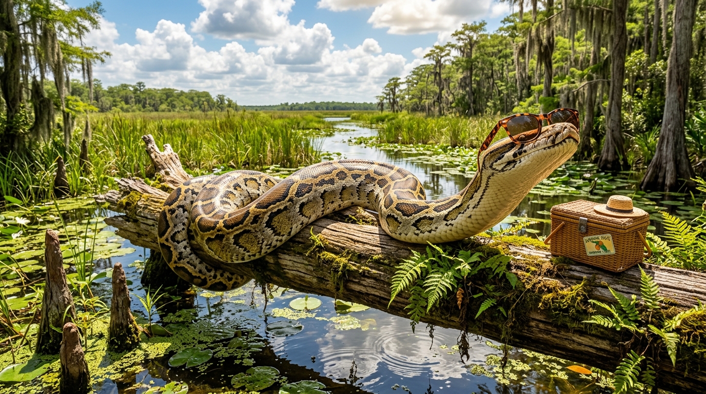 Burmese python basking on a mossy Everglades log in sunglasses with a picnic basket while the overnight AI cluster works