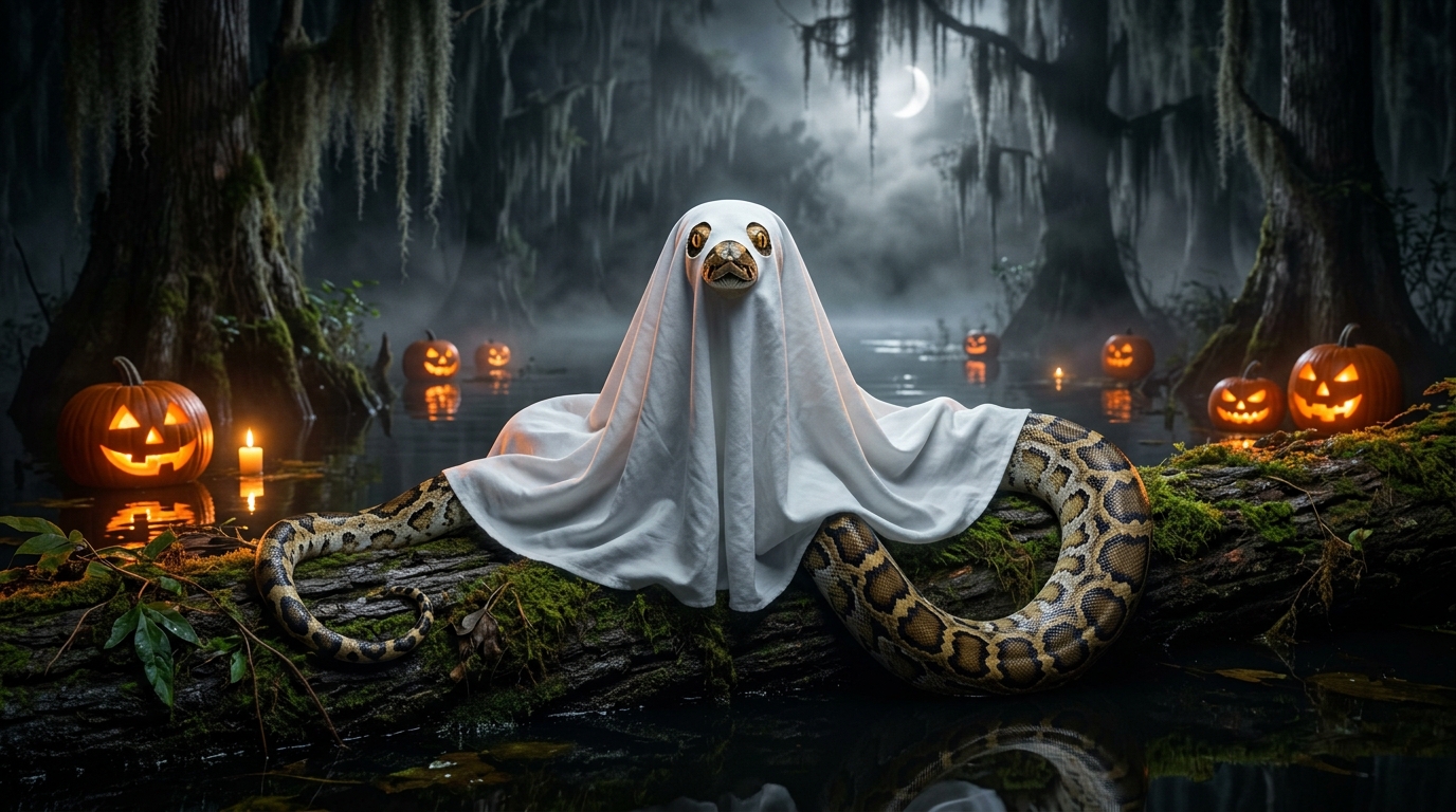A Burmese python wearing a white bedsheet ghost costume celebrating Halloween in the moonlit Florida Everglades surrounded by glowing jack-o-lanterns