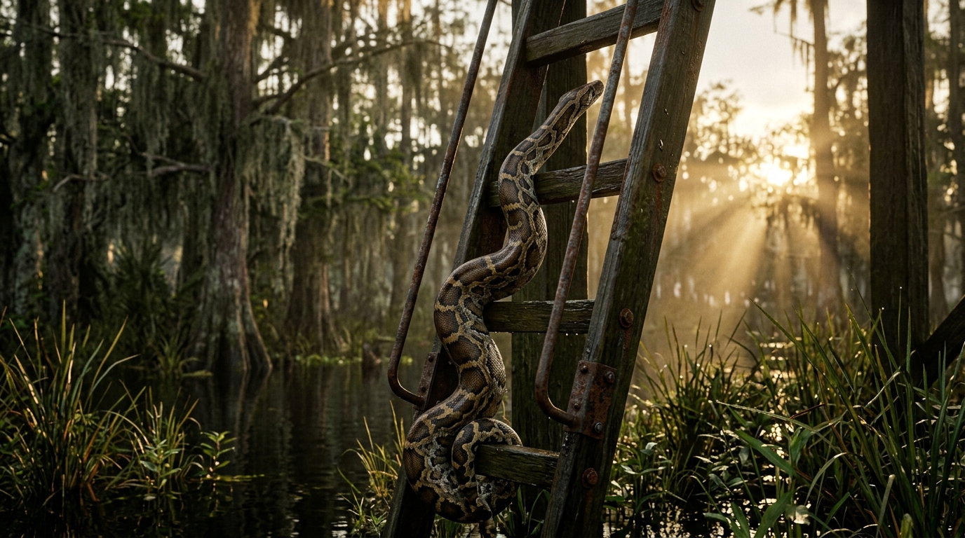 Burmese python climbing a weathered ladder in the Florida Everglades at golden hour