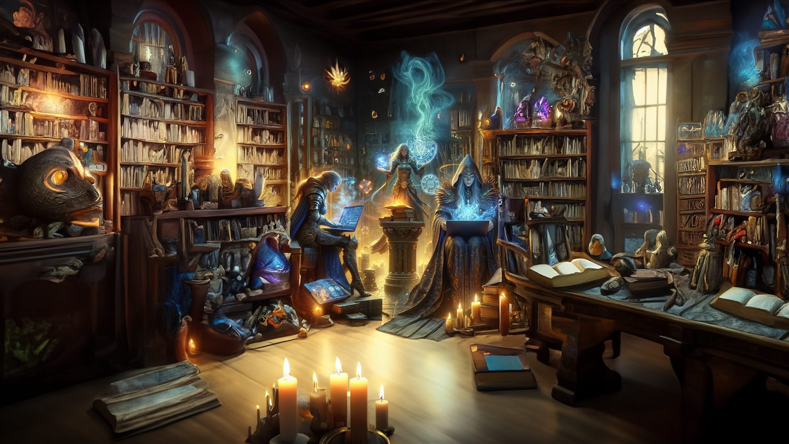 Techdocwrite concept art — knights and mages studying at glowing laptops in an arcane library