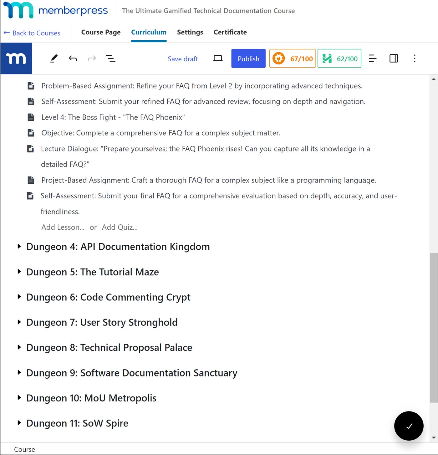 The Techdocwrite dungeon syllabus — Dungeon 4: API Documentation Kingdom through Dungeon 11: SoW Spire